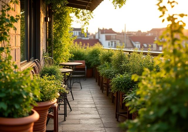 Ein moderner, grüner Balkon in Wien mit Holzmöbeln und vielen Pflanzen
